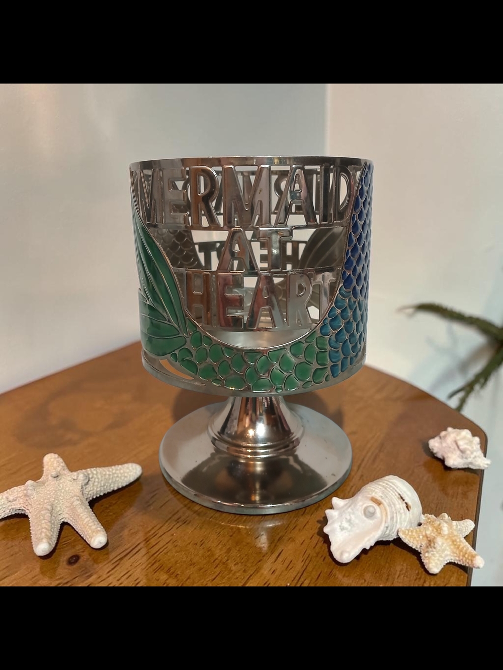 "Mermaid At Heart" Decorative Pedestal Candle Holder - Green & Blue